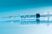 Medical syringe with word Future on blue background with reflection, representing innovation in healthcare, medicine advancement and vaccination concept.