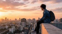 Young man with backpack sitting on rooftop edge overlooking urban cityscape at golden hour sunset. Urban exploration adventure lifestyle concept.