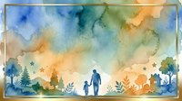 Silhouette of adult and child holding hands standing in natural landscape with trees, plants, and house under colorful watercolor sky with stars, suitable for family, parenting, and nature themes.