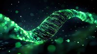 Glowing green digital wave with particle effects and bokeh lights flowing through dark space, creating futuristic technology visualization for tech backgrounds.