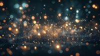 Magical glowing particles and bokeh lights floating in dark space create atmospheric festive background with sparkles and luminous dots.