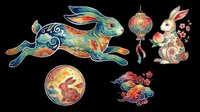 Colorful lunar new year rabbit clipart set, isolated on transparent background, ready for stickers, sublimation, t-shirt design, and print on demand crafts.