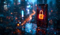 Glowing padlock icon on smartphone screen with digital matrix background against blurred cityscape, representing cybersecurity and data protection concept.