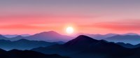 Layered mountain silhouettes against vibrant pink and purple sunset sky with glowing sun, creating atmospheric depth in panoramic landscape view.