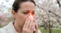 Young Caucasian woman suffering from spring allergies blowing nose with tissue outdoors among blooming trees during pollen season.