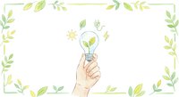 Hand holding light bulb with green leaves inside surrounded by botanical frame representing eco-friendly innovation and sustainable energy solutions.