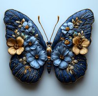 Decorative butterfly with blue and gold floral pattern wings on light background, ornate wings adorned with dimensional flowers and metallic accents.