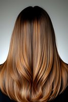 Back view of glossy caramel balayage hair with smooth, straight styling against neutral background, showcasing professional coloring technique.