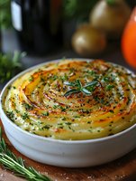 Savory potato gratin with herbs and rosemary in white baking dish on wooden cutting board, homemade comfort food ready for serving.