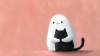 Cute onigiri rice ball hugging black cat on soft pink background, kawaii Japanese food character with friendly face.