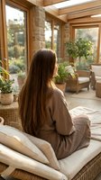Young woman in beige robe relaxing on wicker furniture in bright sunroom conservatory with wooden beams and stone pillars surrounded by green plants.
