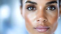 Close up portrait of young mixed race woman with natural makeup and glowing skin against soft blue background, showcasing modern beauty and wellness.