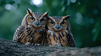 Two great horned owls perched together on tree branch at dusk, showing affectionate behavior against blurred bokeh forest background, wildlife nature photography.