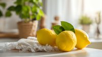 Fresh yellow lemons with green leaves on wooden cutting board in bright kitchen with houseplants in background.