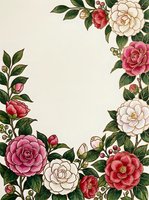 Watercolor floral border with pink, red, and white camellia roses and green leaves, forming an elegant frame with copy space for cards.