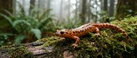 Orange spotted salamander resting on moss-covered log in misty forest environment. Wildlife amphibian in natural woodland habitat for nature education.