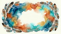 Watercolor frame with colorful feathers in teal, orange, and blue tones, forming an oval border with copy space for text or design.