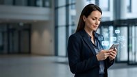 Young Caucasian businesswoman in navy suit using smartphone with glowing social media and email icons floating above device in modern office.