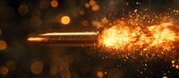 Flying bullet with fiery sparks and burning particles trailing behind against dark background with bokeh lights creates dramatic action scene effect.