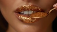 Sensual close up of lips covered in gold glitter with golden caviar on spoon, luxury beauty and cosmetics concept for high-end makeup and glamour advertising.