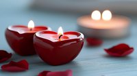 Red heart-shaped candles glowing with romantic warm light on wooden surface with scattered rose petals, creating intimate atmosphere for Valentine's Day or date night.