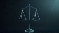 Glowing scales of justice on dark background with floating particles, symbolizing law, balance and fairness in legal system and judicial proceedings.