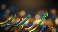 Colorful glass arrows pointing upward against blurred bokeh background representing growth, success, progress and business achievement concepts.