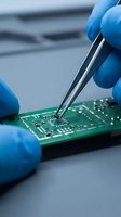 Technician in blue gloves using precision tweezers to handle electronic circuit board component in professional laboratory environment for repair work.