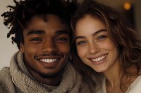 Young diverse couple smiling together, showing genuine happiness and connection. Close up portrait of interracial relationship with warm lighting and natural expressions.