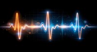 Digital heartbeat pulse wave with glowing orange and blue light effects on dark grid background for medical technology and healthcare concepts.