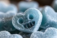Macro shot of blue heart-shaped candy with sugar coating and smiley face design, showing crystalline texture and sparkly surface against soft blurred background.