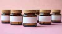 Empty amber glass cosmetic jars with cork lids arranged in row on pink background, blank white labels for mockup, sustainable packaging concept.