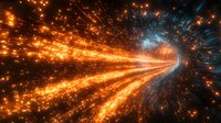 Dynamic light tunnel with glowing orange and blue energy streams creating futuristic wormhole effect, radiating particles and streaks in dark space background.