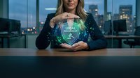 Professional businesswoman presenting digital legal document hologram in modern office with city skyline at dusk for corporate technology and law services.