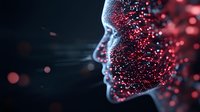 Glowing profile silhouette dissolving into red particles against dark background, representing artificial intelligence, digital transformation and human consciousness.