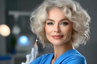 Confident female medical professional with platinum blonde curly hair wearing blue scrubs smiles warmly at camera in modern healthcare setting.