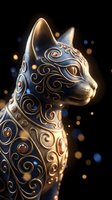 Ornate metallic cat sculpture with intricate swirl patterns and golden highlights against dark background with bokeh lights for luxury decor concepts.