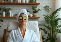 Young Asian woman relaxing with cucumber slices on eyes, wearing white bathrobe and head towel in spa setting with houseplants and wooden shelves on brick wall background.