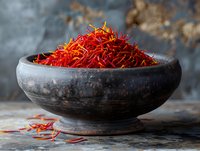 Dried saffron threads in rustic stone bowl against textured background, premium culinary spice used in gourmet cooking and traditional medicine.