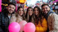 Young diverse friends celebrating with pink balloons on city street at night, vibrant neon lights and urban atmosphere create joyful party mood.