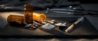 Drug addiction concept with pills spilled from amber bottles, syringe and powder on dark surface for awareness campaigns and educational materials.