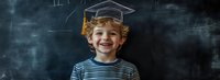 Young boy wearing striped shirt smiling with drawn graduation cap on chalkboard background, expressing educational aspirations and childhood dreams of future success.