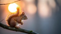 Red squirrel sitting on tree branch during golden hour sunset with warm bokeh background creating peaceful wildlife nature scene.