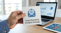 Professional businessman holding email marketing card with laptop displaying analytics charts and mobile device on modern office desk for digital advertising campaigns.
