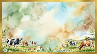 Watercolor farm scene with cows grazing in a green meadow, wildflowers, and a soft cloudy sky, framed in gold, isolated on white.
