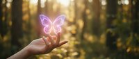 Female hand holding glowing neon butterfly against blurred forest background at sunset. Concept for magic, nature connection, transformation, spirituality, and environmental awareness.