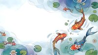 Watercolor koi fish swimming in pond with lily pads and lotus flowers, Asian-inspired aquatic scene with flowing water and aquatic plants on white background.