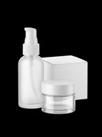 Frosted glass spray bottle with white pump dispenser and clear cosmetic jar with white lid, isolated on transparent background. Ready for skincare, beauty, and cosmetic product packaging design, t-shirt graphics, sublimation, and print-on-demand applications.