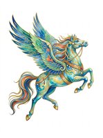 Ornate winged horse with intricate blue, gold, and orange decorative patterns, isolated on transparent background. Ready for t-shirts, clipart, stickers, sublimation, and print-on-demand designs.