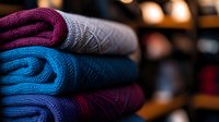Cozy stack of folded winter sweaters in blue, burgundy and gray with Nordic pattern design, soft knitted wool texture captured in warm ambient lighting.
